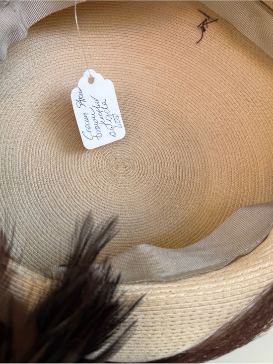 Vintage faux straw beige pillbox hat bows & brown feathers accent tassels 21.5”. main image 4